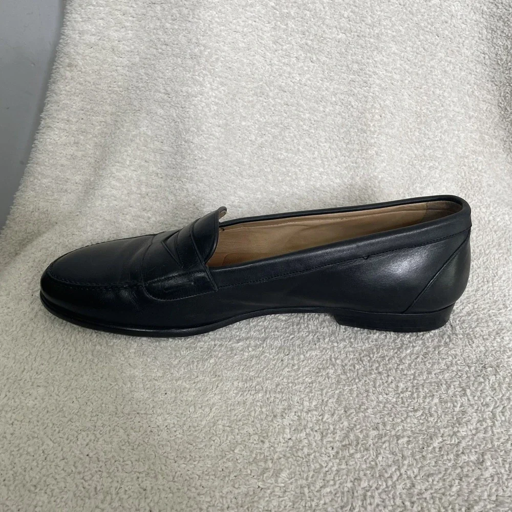 $750 Santoni Solid‎ Black Penny Loafers Leather Shoes Men's Size 10.5 FLAWED